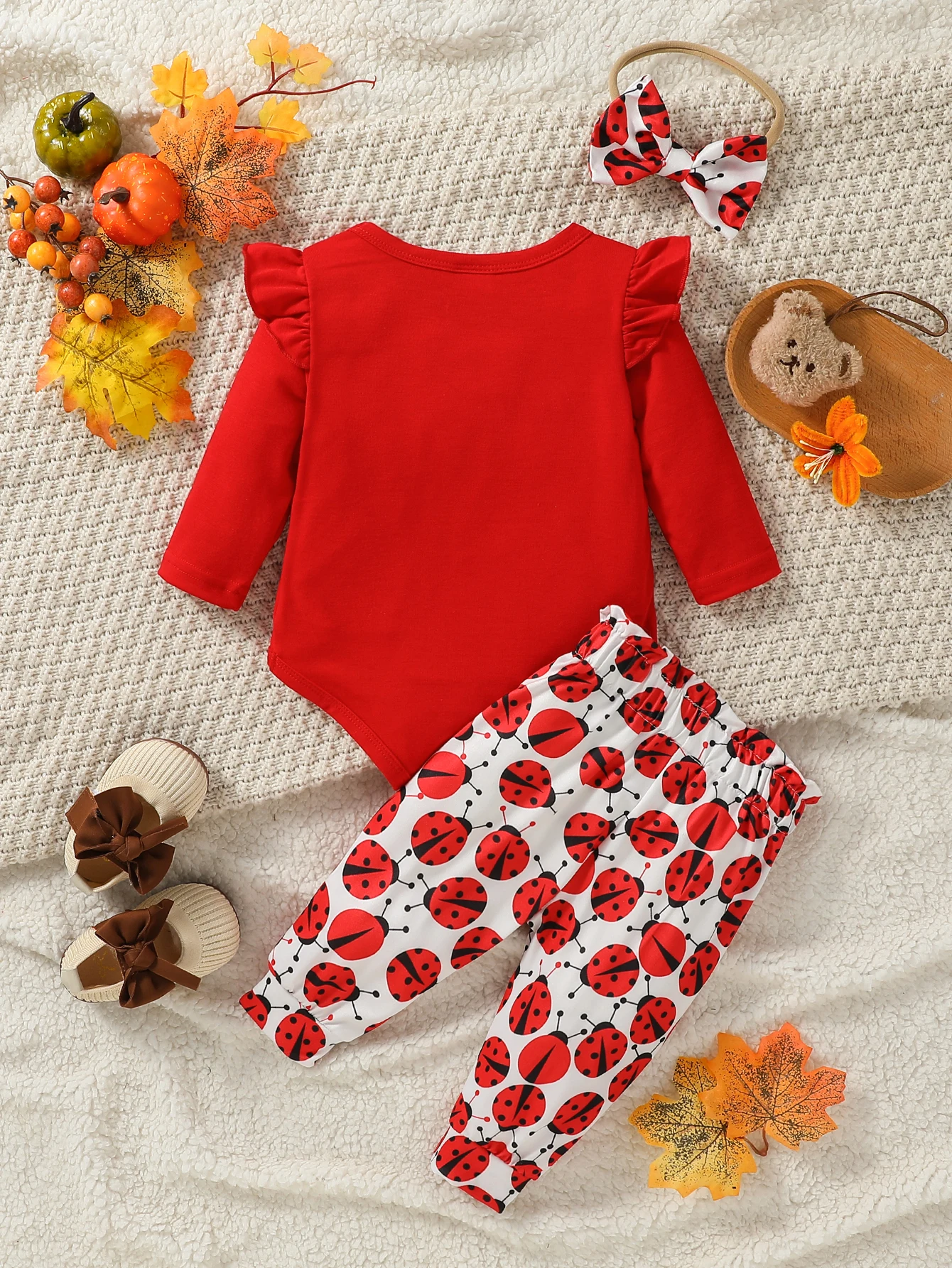 3-28M Baby Girl Fashion Clothes Infant Long Sleeve Cartoon Ladybird Bodysuit +Pant Set+Headband 3PCS - Image 2