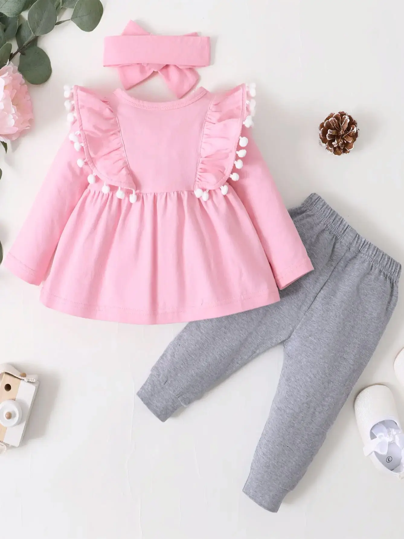 0-2 Year Old Newborn Baby Girl Spring and Autumn Round Neck Long sleeved Dress with Solid Color Pants Fashion Set - Image 2
