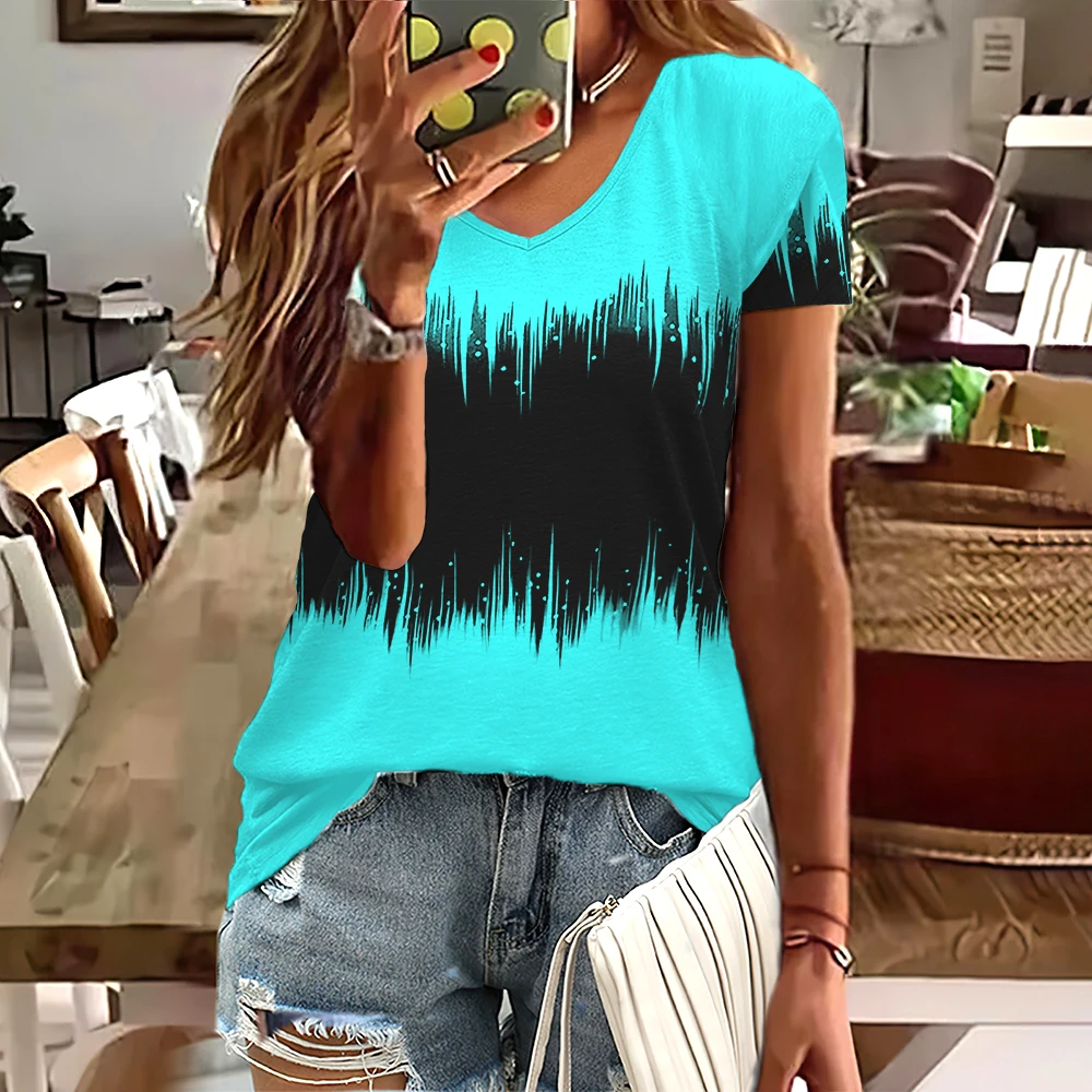 Fashion Women T Shirt Stripes Print Gradient V Neck Short Sleeve Basic Tops Streetwear Summer Oversized Clothing Female T-Shirts - Image 5
