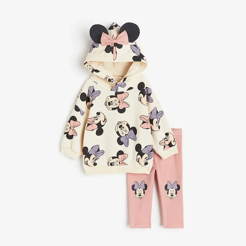 Minnie And Mickey Full Print Hooded Tops Solid Color Leggings Two-piece New Children Cartoon Sweatshirt+Pants Baby Clothes Set - Image 3