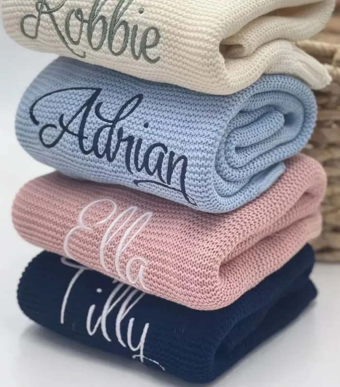 Personalized Kid Name Baby Blanket Embroidered New Born Baby Blanket Stroller Swaddles Breathable Cotton Knitted Blanket Bedding