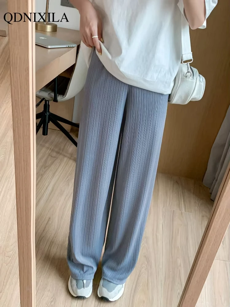 2024 Spring Summer Ice Silk Wide Leg Pants for Women Korean Thin Chiffon High Waist Saggy Loose Straight Casual Fashion Trousers - Image 4