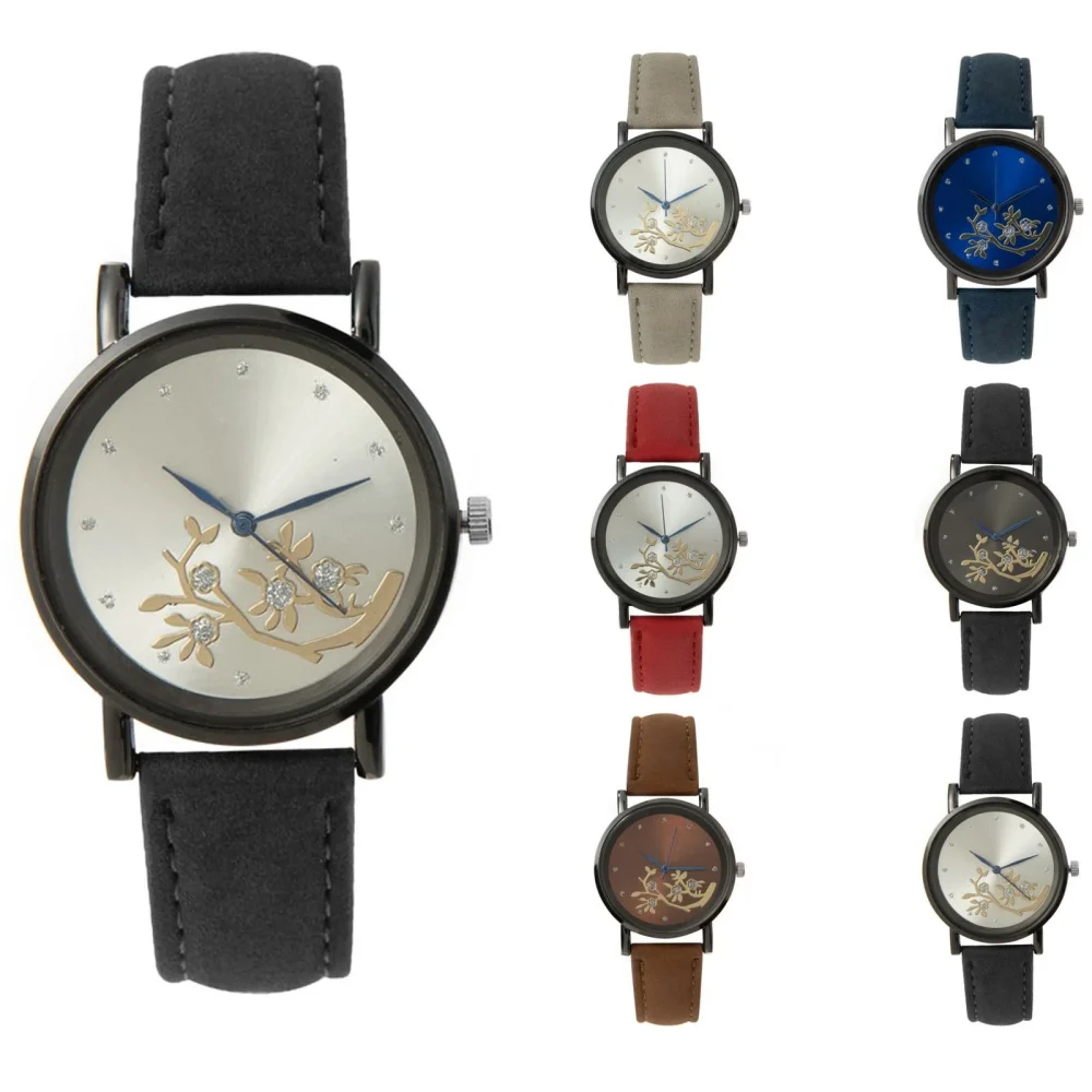 Women New Popular Flower Branch Pattern Watch Classic Leather Strap Mechanical Quartz Wristwatch Lady Fashion Elegant Hand Wear