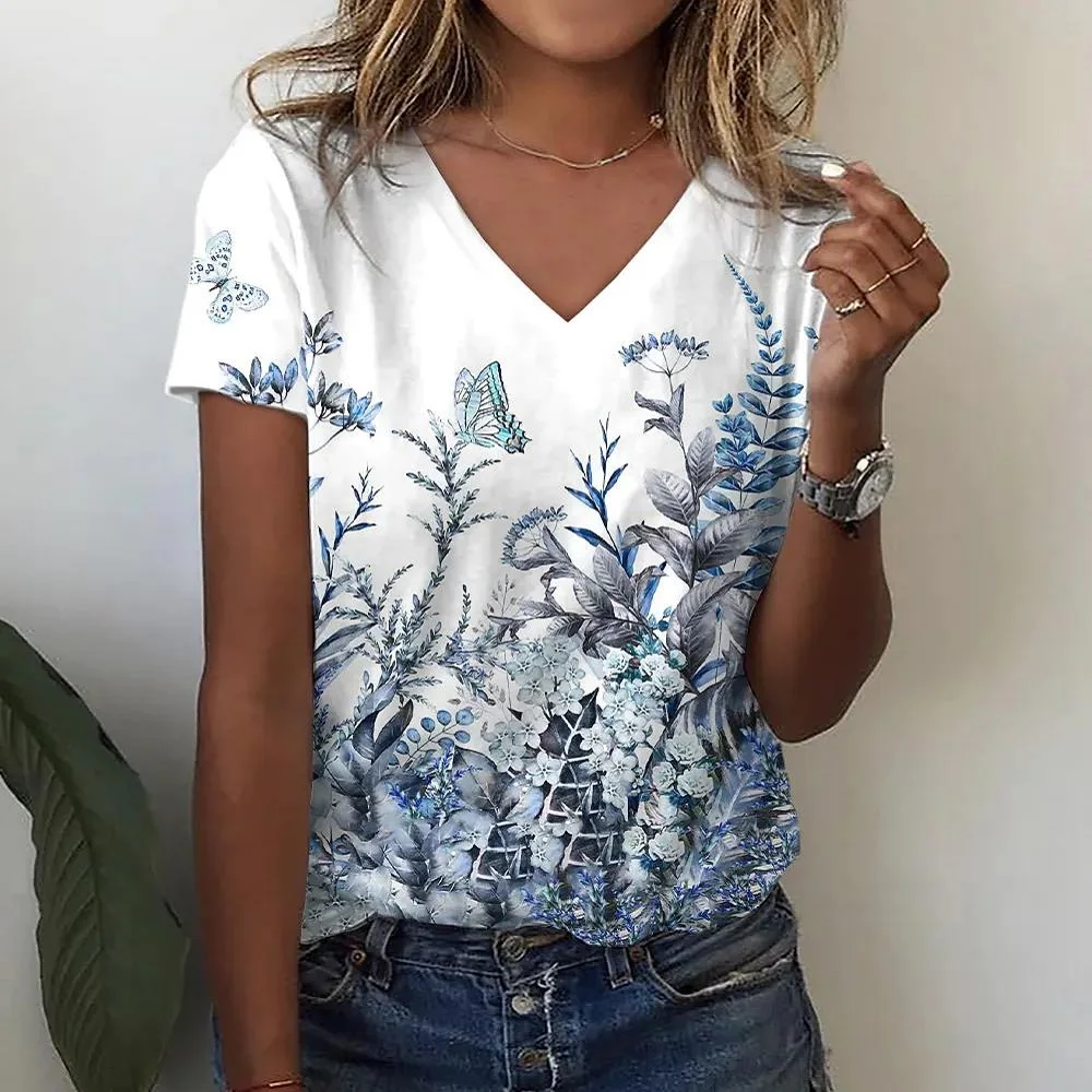 Fashion Flower Painting Pattern 3D Print T-Shirts Woman T Shirt V-Neck Oversized Casual Tees Tops Streetwear Women Y2K Clothing - Image 3
