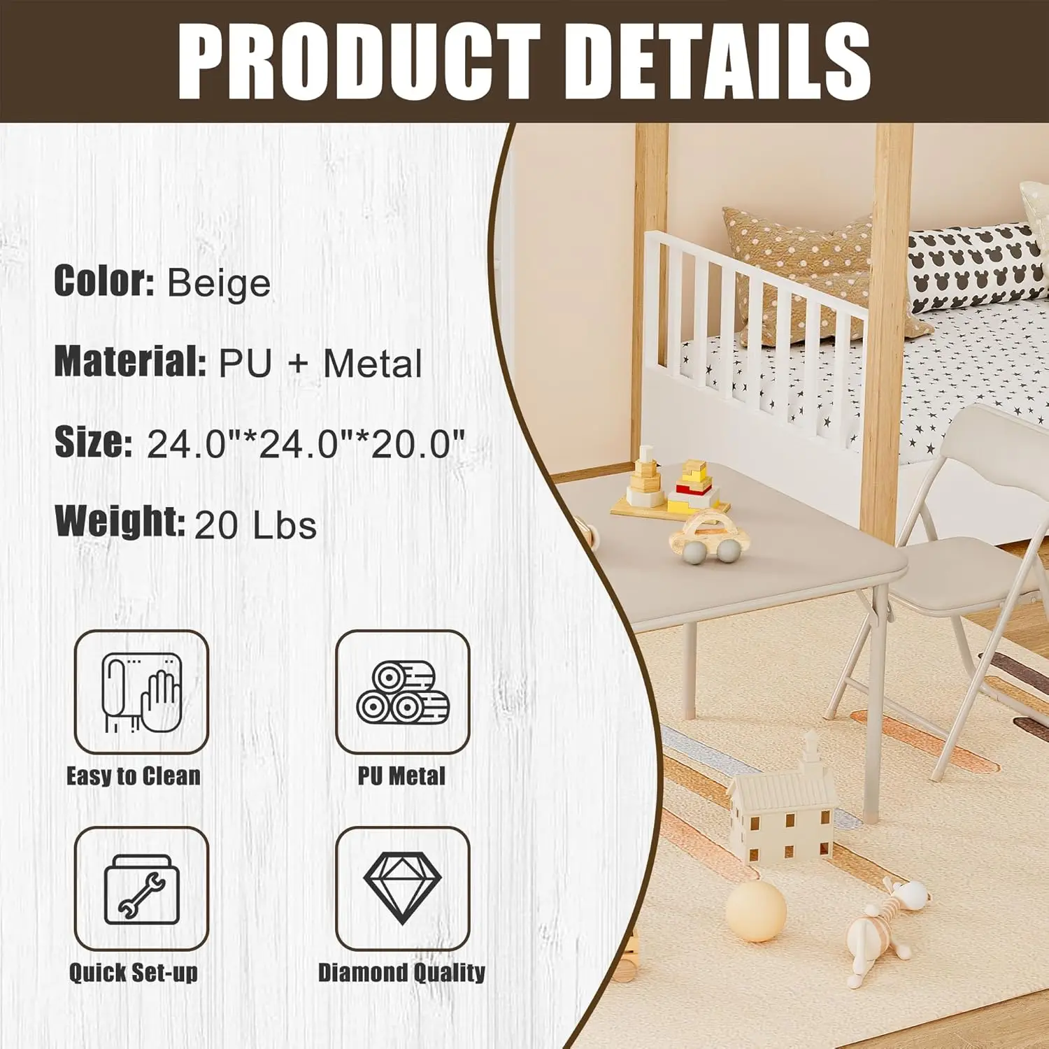 Boys and Girls Folding Table and Chairs Set of 3 Portable Table and Chair with PU Soft Cushion for Eating, Reading and Playing - Image 2