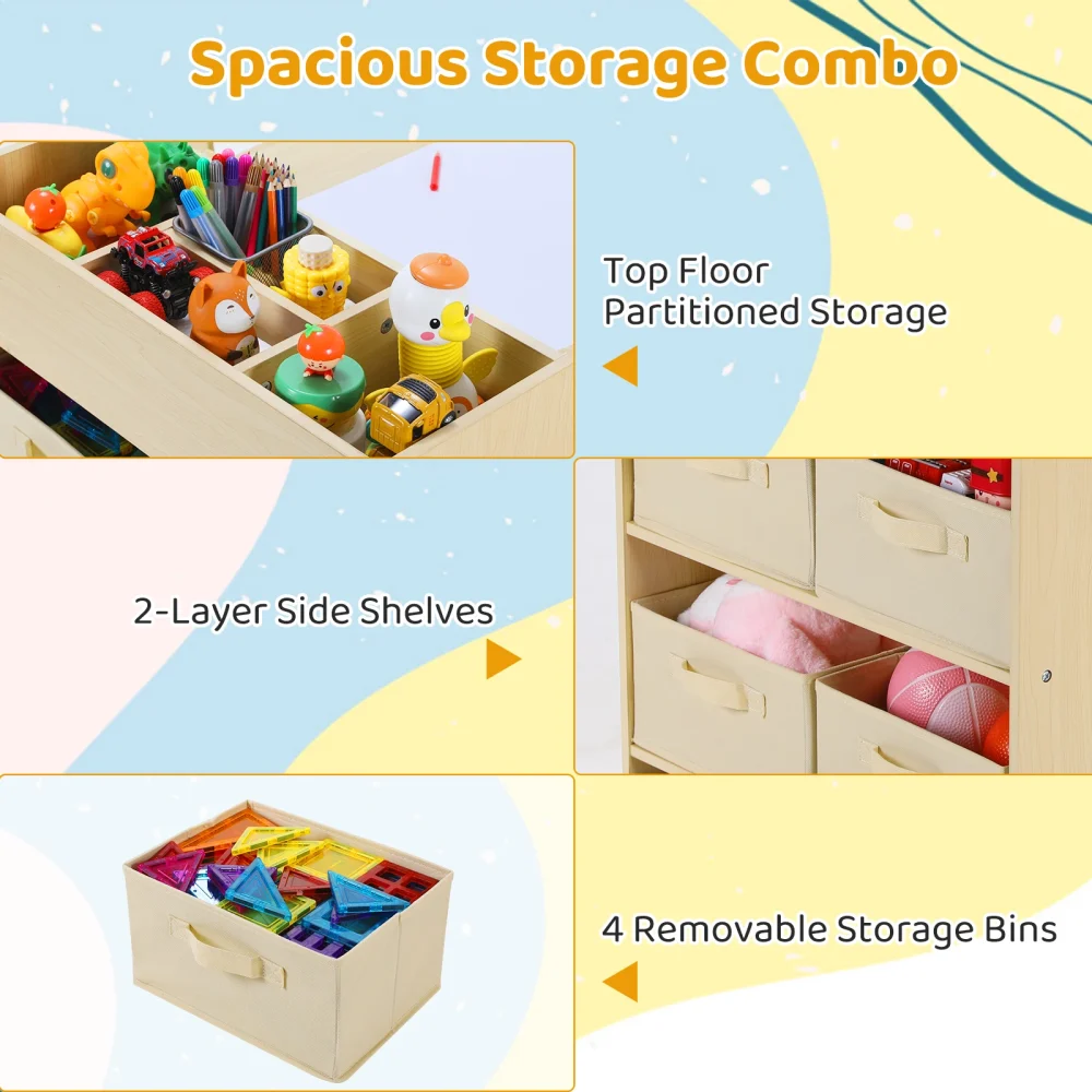 AOOU Kids Art Table and 2 Chairs, Toddler Craft Drawing Desk with Large Storage Shelves, 4 Storage Bins and Paper Roll - Image 6