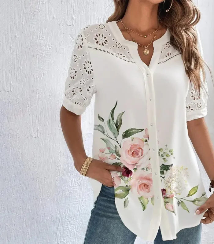 Temperament Casual Lace Woman Shirt Fashion Loose Shirt Woman Elegant Short Sleeve Blouse Holiday Weekend