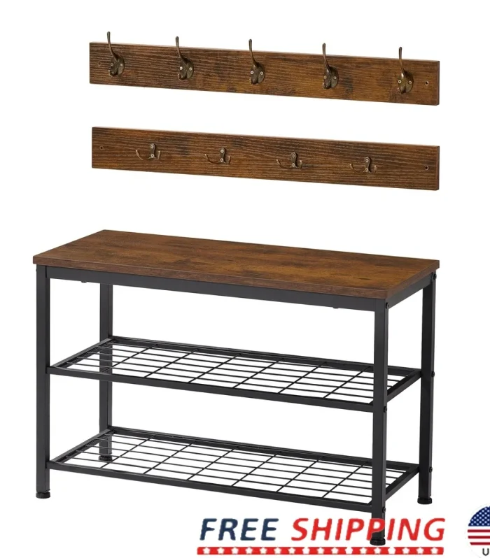 Entryway Bench Coat Rack Shoe Storage Set with 9 Hooks Rustic Brown Metal Frame Easy Assembly Home Organization