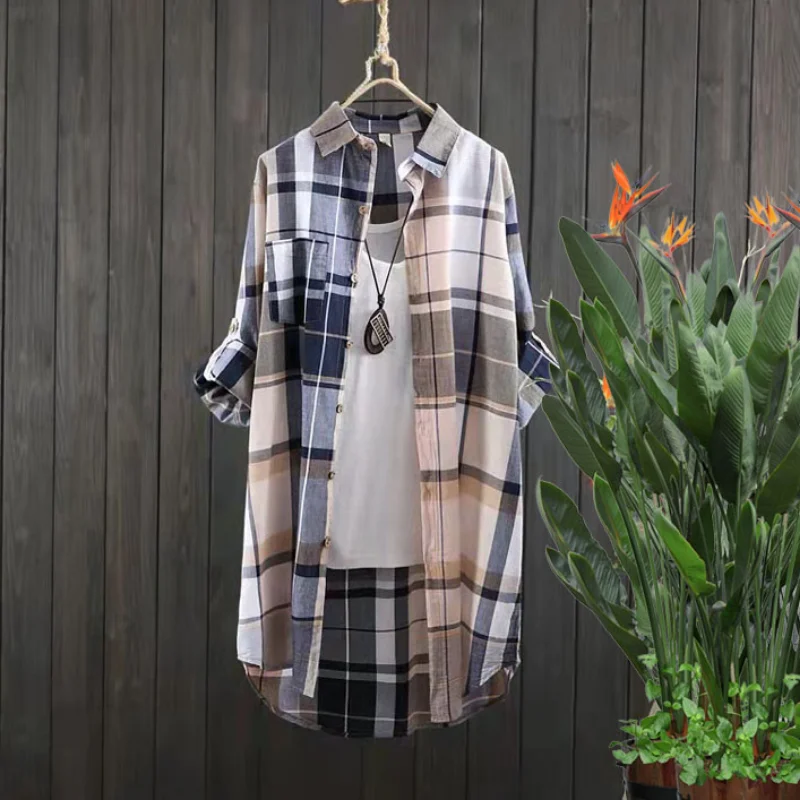 Plaid Cotton Mid Length Blouses Women 2023 Autumn Long Sleeve Elegant Casual Shirt Korean Fashion New Loose Button Blouses - Image 5