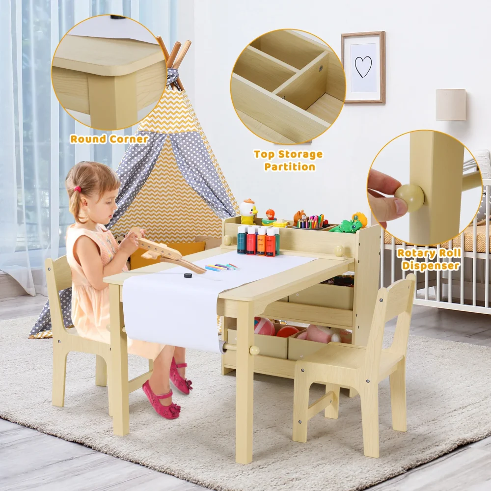 AOOU Kids Art Table and 2 Chairs, Toddler Craft Drawing Desk with Large Storage Shelves, 4 Storage Bins and Paper Roll - Image 2