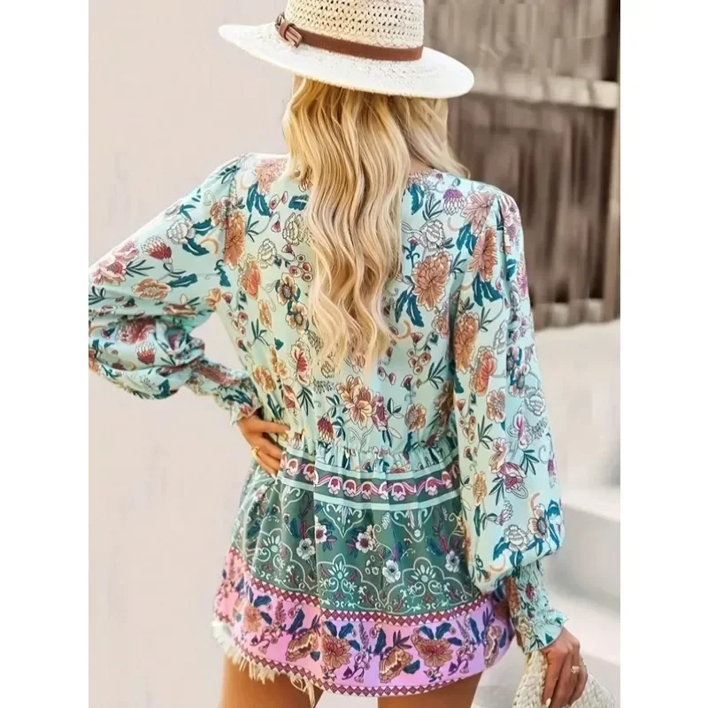 Plus Size 1XL-5XL New Autumn Women's Temperament Casual Printed V-neck Long-sleeved Loose Blouse Shirt Commuting Style Clothes - Image 5