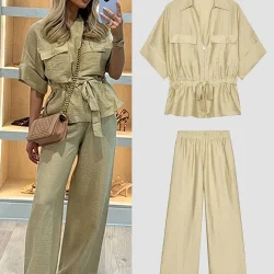 Casual Coat Pant Set Women Loose Zipper V-neck Lace Up Pleat Top Wide Leg Trousers Suit 2025 Summer Lady 2 Pieces Outfits New