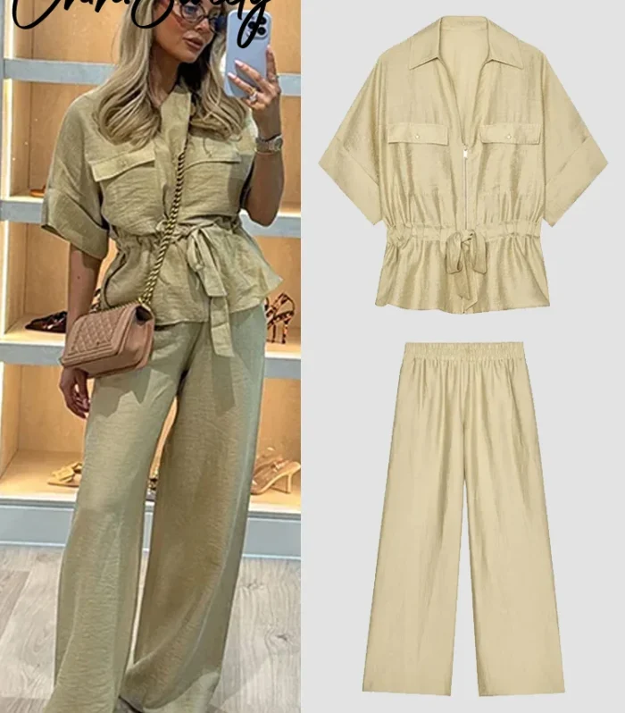 Casual Coat Pant Set Women Loose Zipper V-neck Lace Up Pleat Top Wide Leg Trousers Suit 2025 Summer Lady 2 Pieces Outfits New