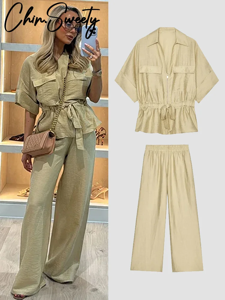Casual Coat Pant Set Women Loose Zipper V-neck Lace Up Pleat Top Wide Leg Trousers Suit 2025 Summer Lady 2 Pieces Outfits New