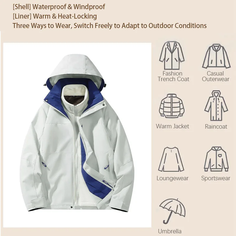 Women Fashion 3 In 1 Fleece Jacket Autumn Winter Warm Inner Lining Outerwear Outdoor Hiking Camping Sports Detachable Hat Coat - Image 2