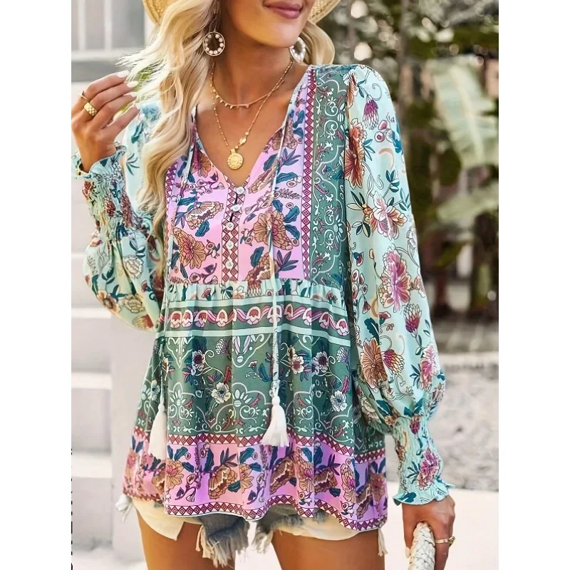 Plus Size 1XL-5XL New Autumn Women's Temperament Casual Printed V-neck Long-sleeved Loose Blouse Shirt Commuting Style Clothes - Image 2