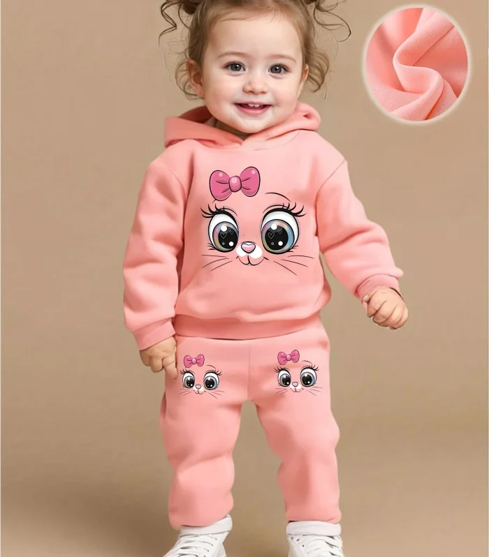 Baby girl cute cartoon cat pattern long sleeved fleece hooded sweatshirt+casual simple pants set, spring and autumn two-piece se