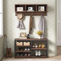 Industrial [Shoe] [Rack] [Bench] With Coat [Rack] Set With Hall Tree, 3 Storage Cubbies, 7 Hooks For Entryway, Hallway,