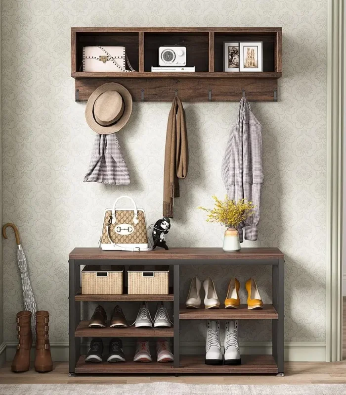 Industrial [Shoe] [Rack] [Bench] With Coat [Rack] Set With Hall Tree, 3 Storage Cubbies, 7 Hooks For Entryway, Hallway,