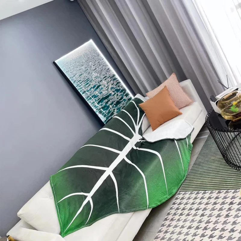 Large Leaf Blanket Soft Printed Green Leaves Flannel Leaf Shaped Blankets Beds Sofa Fleece Cozy Beach Blanket Birthday Gift - Image 4