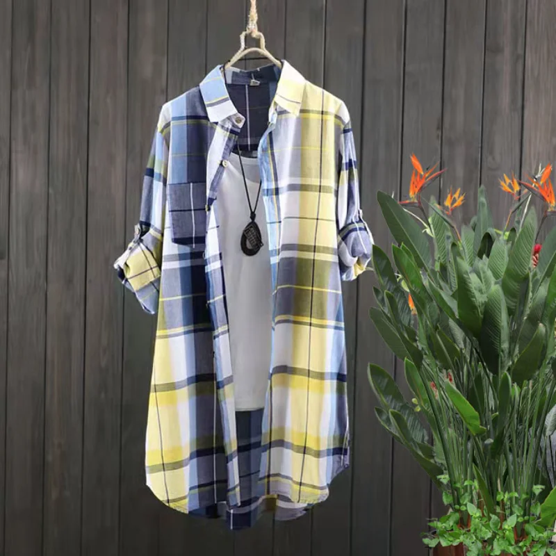 Plaid Cotton Mid Length Blouses Women 2023 Autumn Long Sleeve Elegant Casual Shirt Korean Fashion New Loose Button Blouses - Image 4