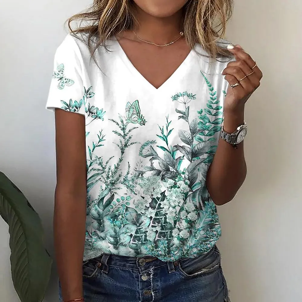 Fashion Flower Painting Pattern 3D Print T-Shirts Woman T Shirt V-Neck Oversized Casual Tees Tops Streetwear Women Y2K Clothing - Image 5