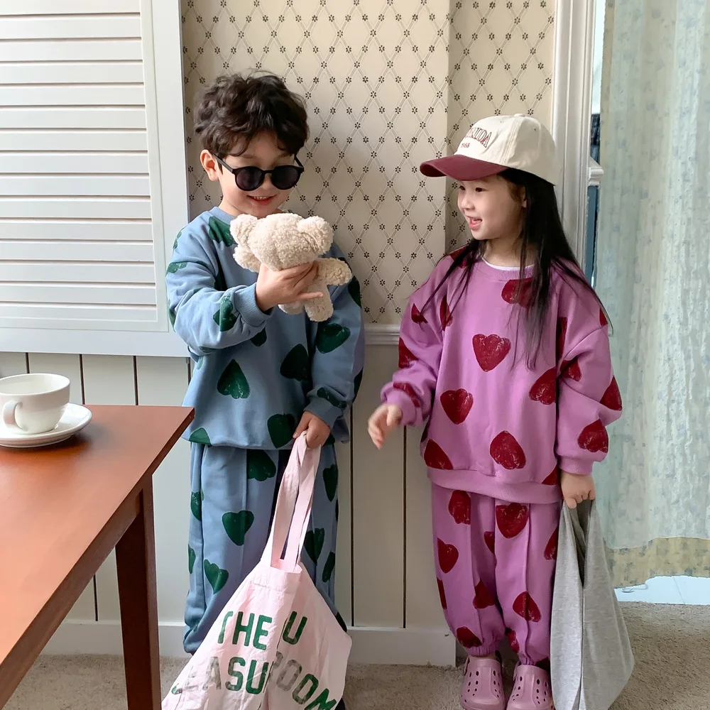 2025 Korean Spring Autumn Children Sibling Look Clothes Set Printed Love Jooger Suit Pullover Stretch Loose Toddler Boys Outfits - Image 2