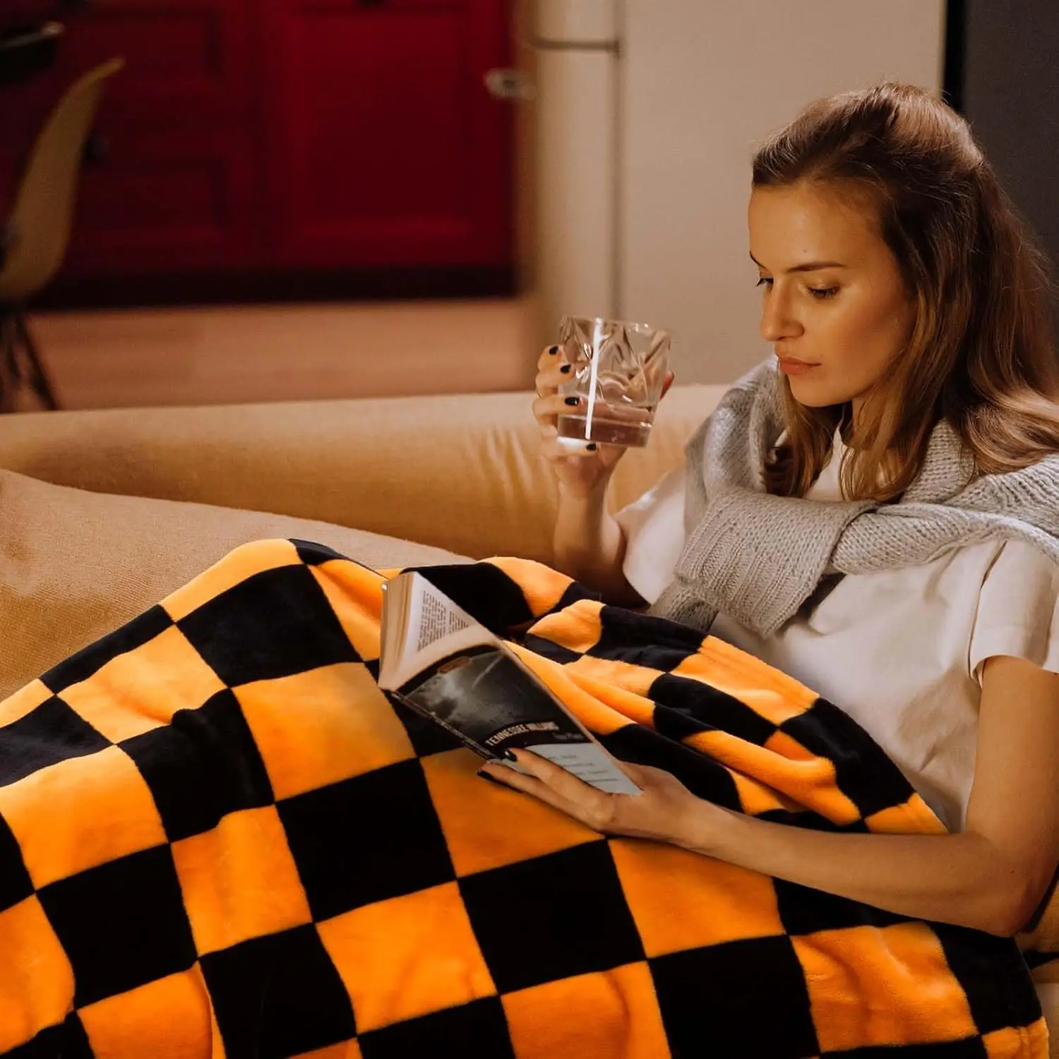 1PC Throw Checkerboard Black and Orange Flannel Blanket for Couch Bed Sofa Cozy Comfy Warm Halloween Decor for All Season - Image 4