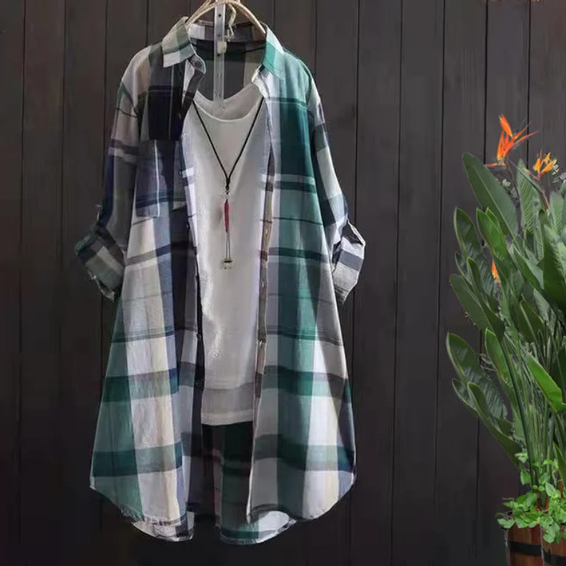 Plaid Cotton Mid Length Blouses Women 2023 Autumn Long Sleeve Elegant Casual Shirt Korean Fashion New Loose Button Blouses - Image 2