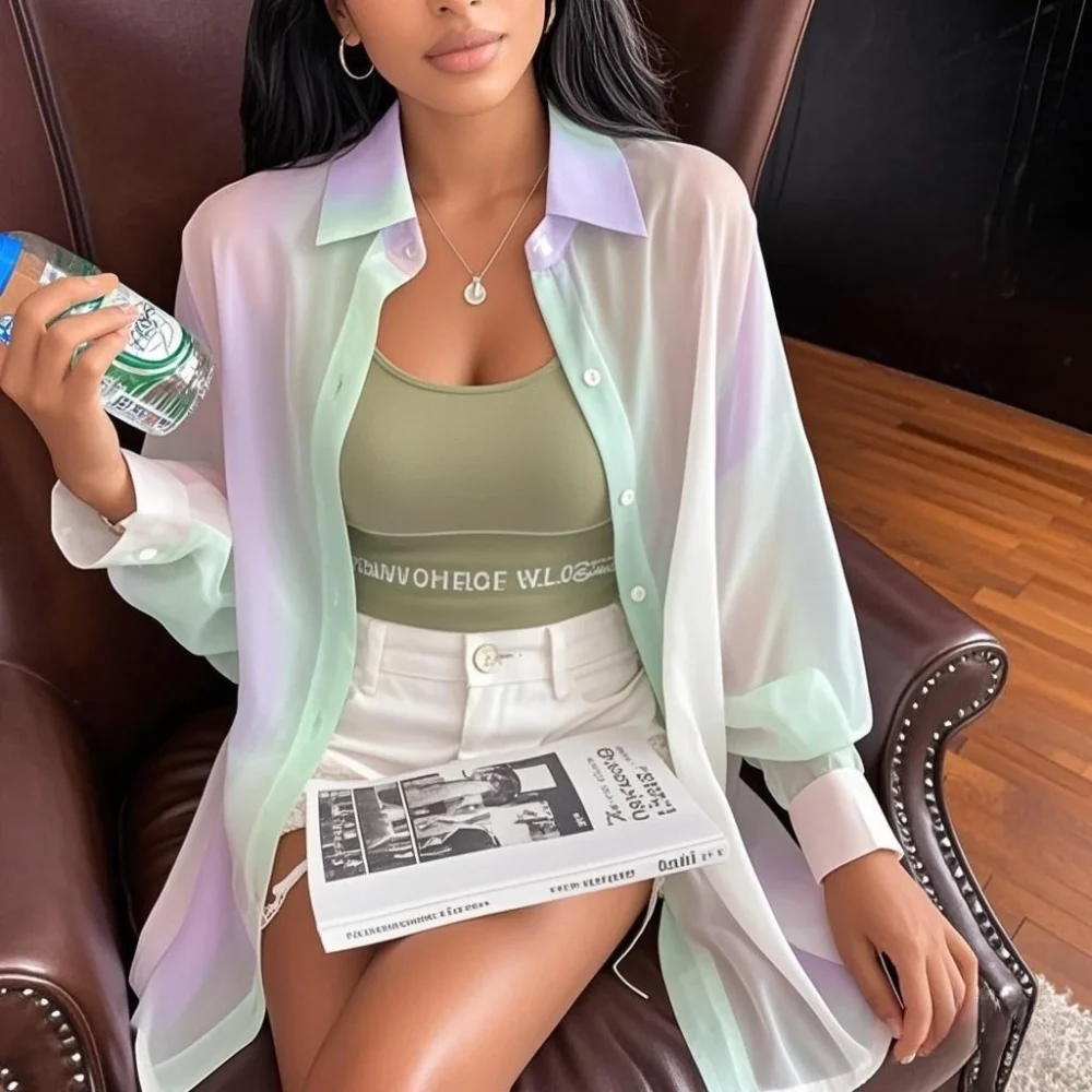 See-through Irregular Gradient Rainbow Long Sleeved Shirt And Blouses Thin For Women Clothes Loose Top Pink Casual Fashion Trend - Image 4