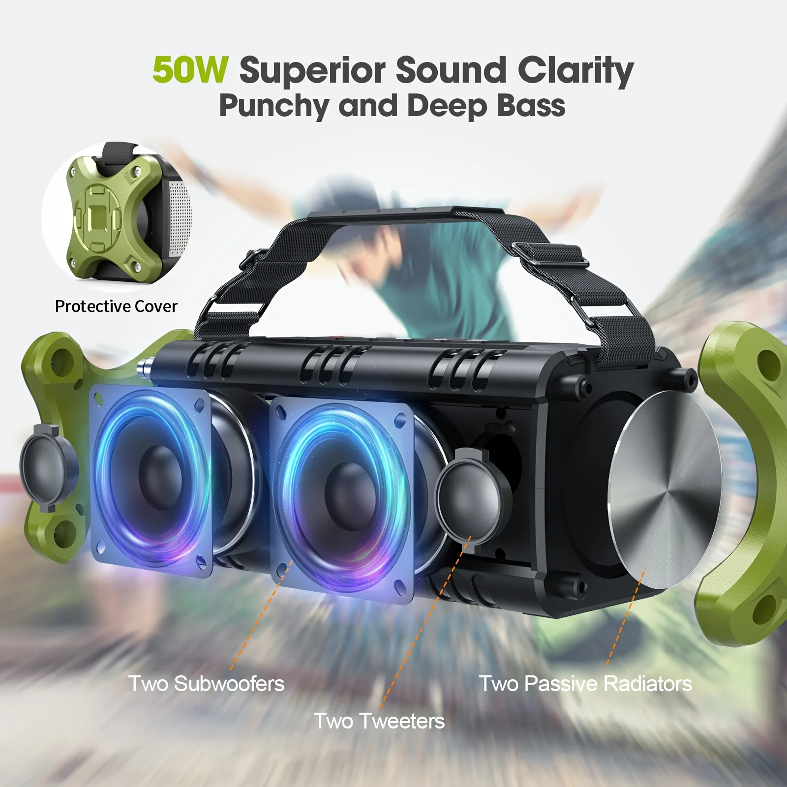 W-KING 50W RMS Bluetooth Speaker, Portable Speakers Bluetooth Wireless Loud, IPX6 Waterproof Outdoor Large Speaker - Image 5